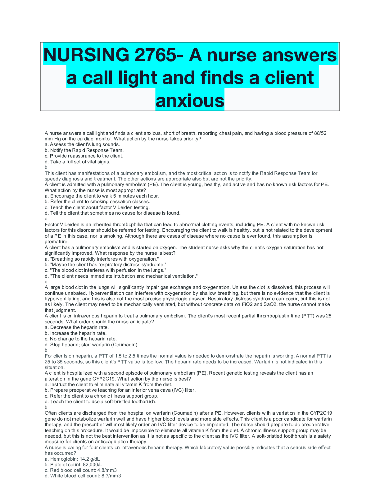 Preview of NURSING 2765- A nurse answers a call light and finds a client anxious    .pdf
